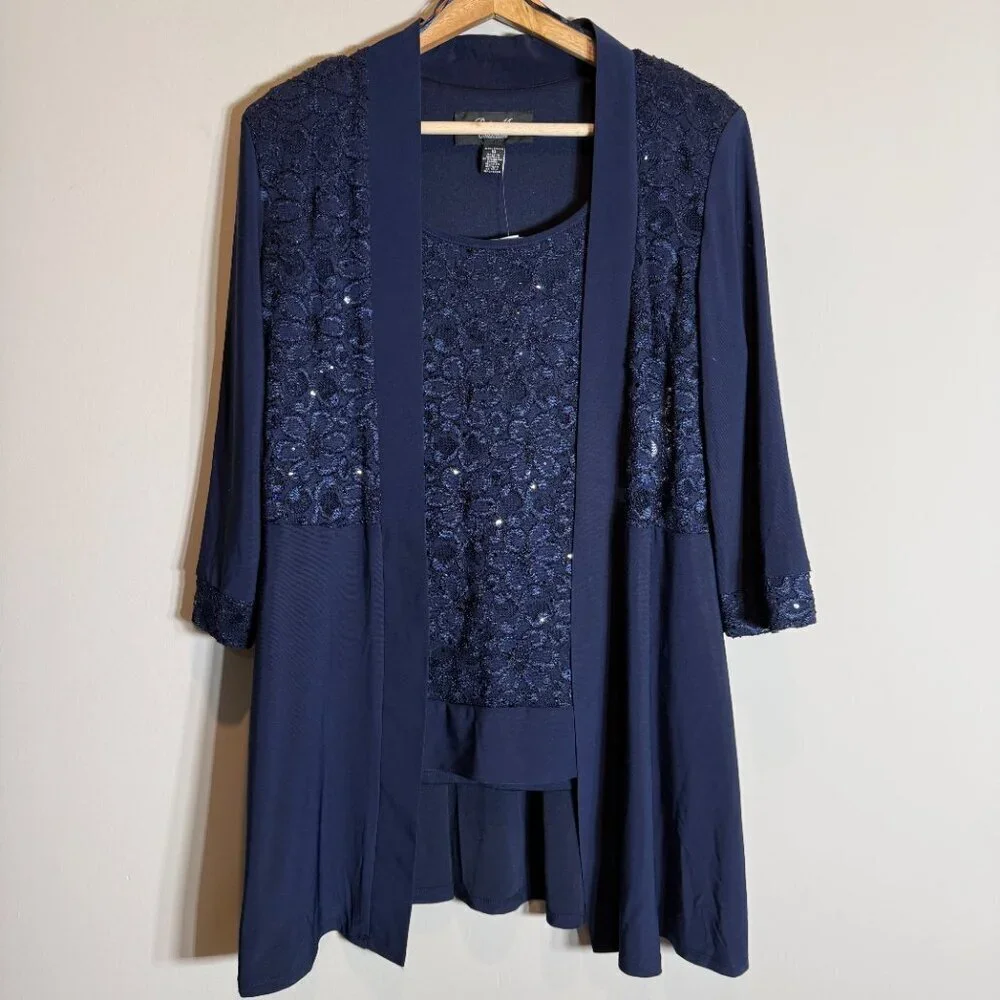R&M Richards Lace & Sequin Jacket Tank Set Women's 10 Blue Formal Dressy Sparkly